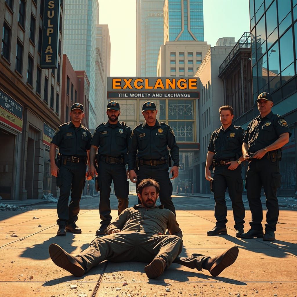 LAPD Officers Stand Guard Over a Wounded Figure in Downtown....