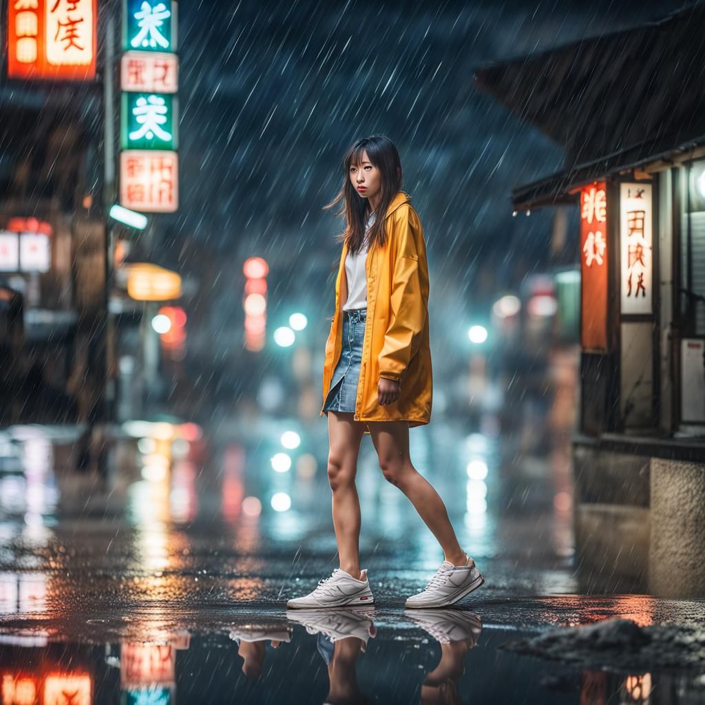 Rainy Night in Kyoto: A Hyperrealistic Splash Art