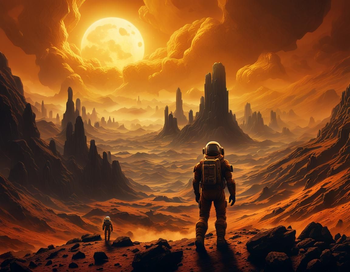 Astronaut's Dark Fantasy Exploration on Alien Planet