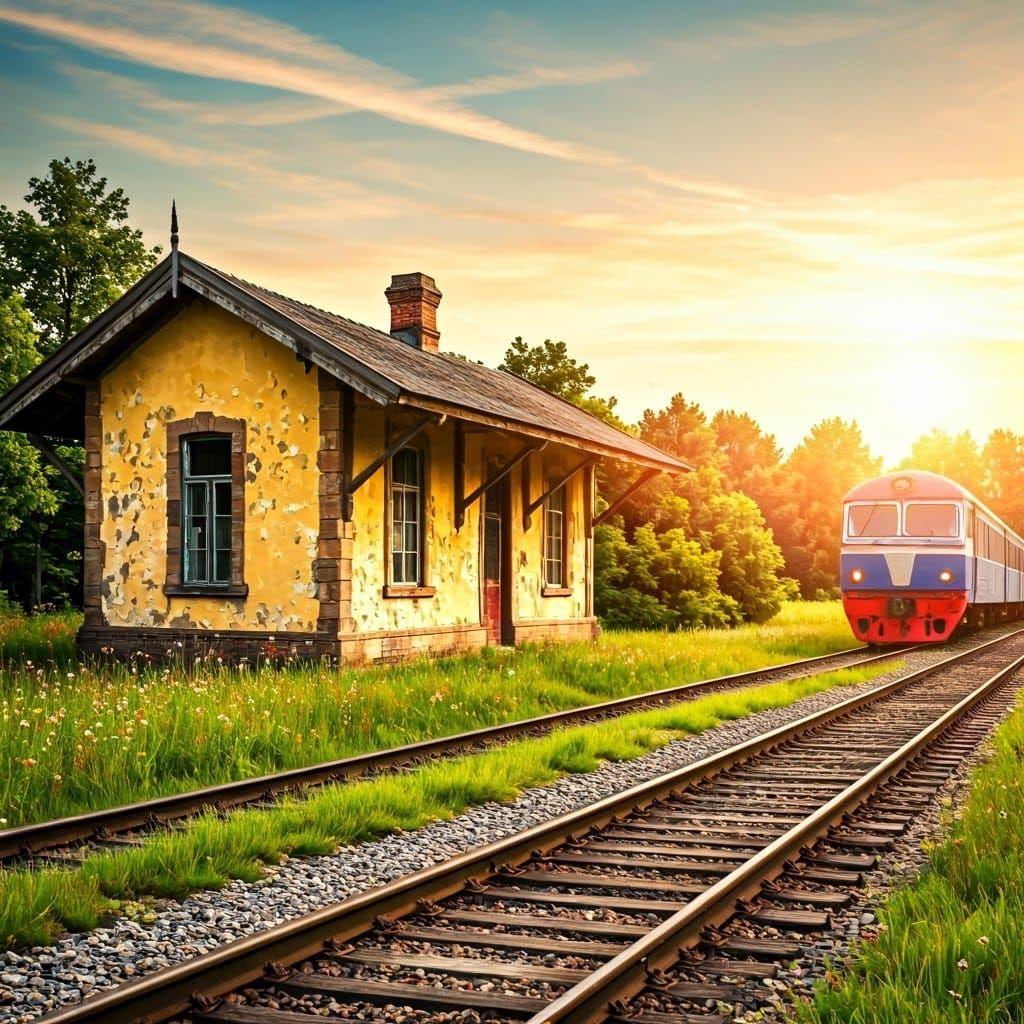 Tranquil Train Station in Golden Light