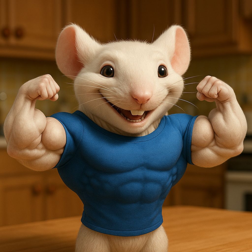 Adorable CGI Mouse Flexing Muscles on Kitchen Table