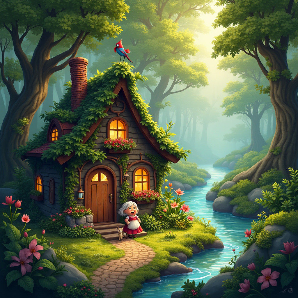 Whimsical Cottage Scene in Fantasy Art Style