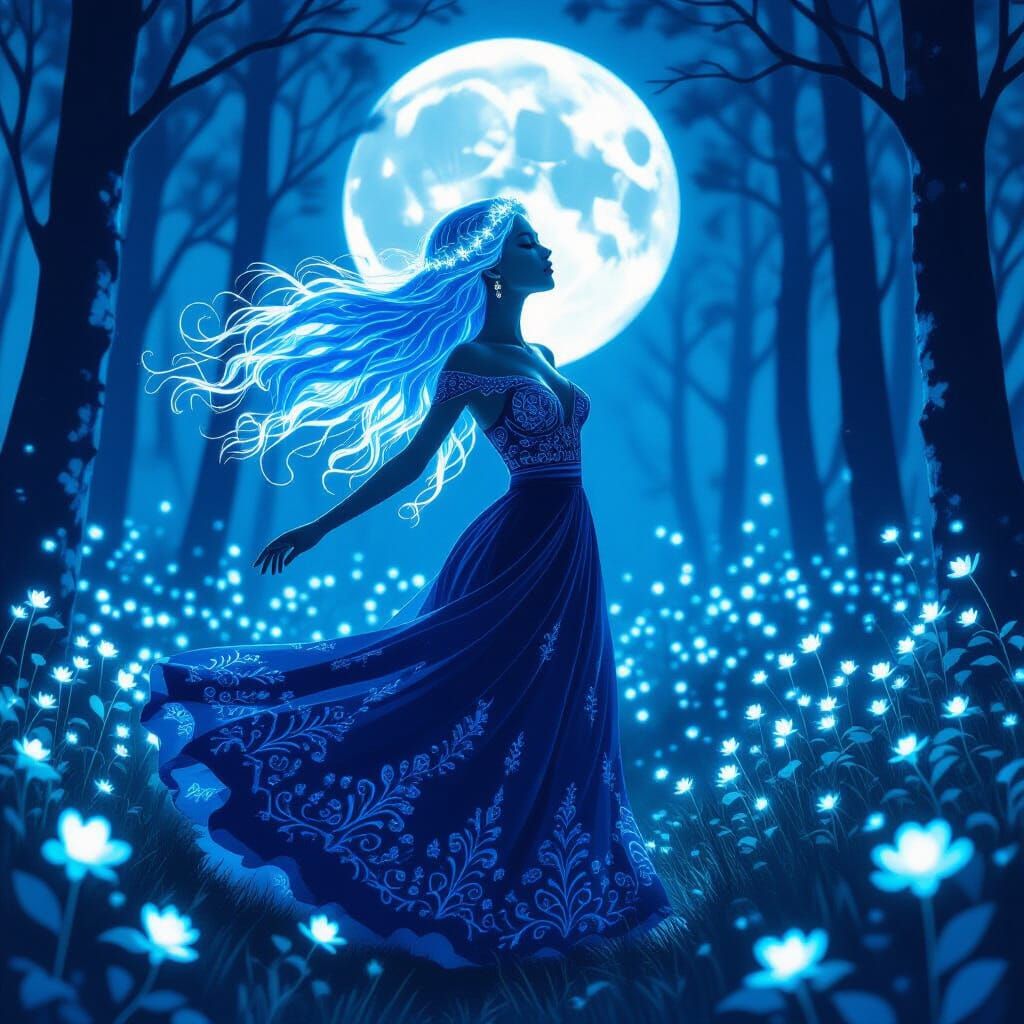 Ethereal Woman Dances in Moonlit Forest: Cyanotype