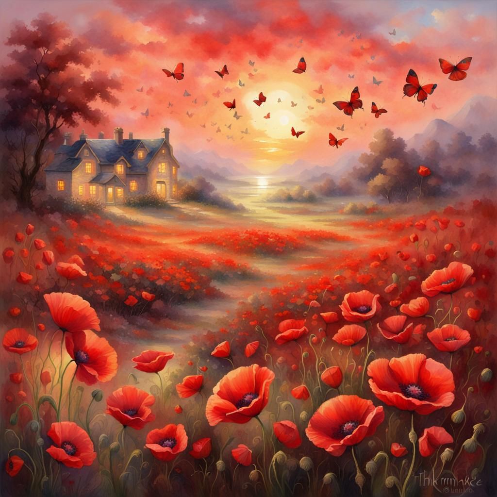 Red Butterflies Over Poppy Field Watercolor Sunset