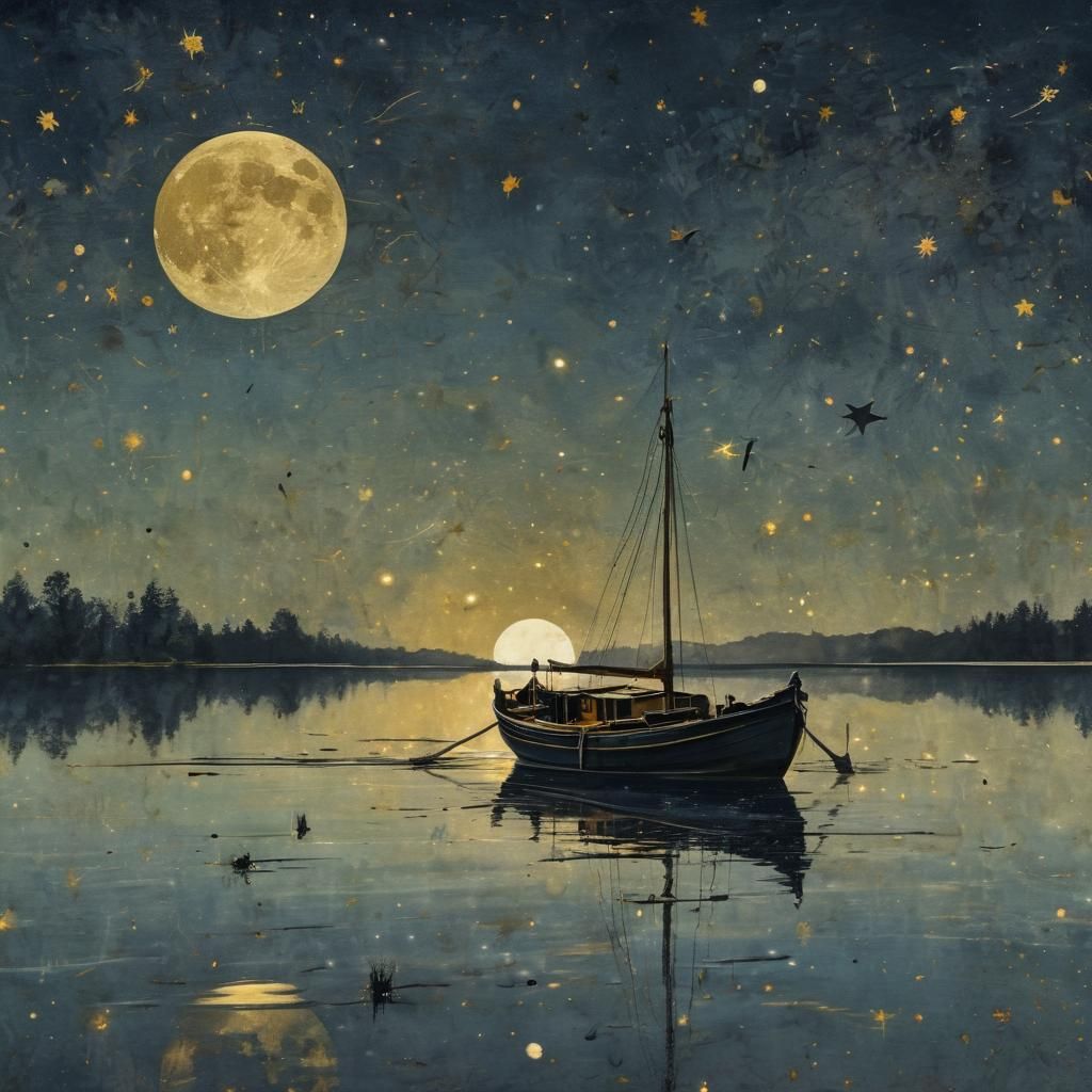 Boat on Lake Under Golden Moon: Surreal Watercolor