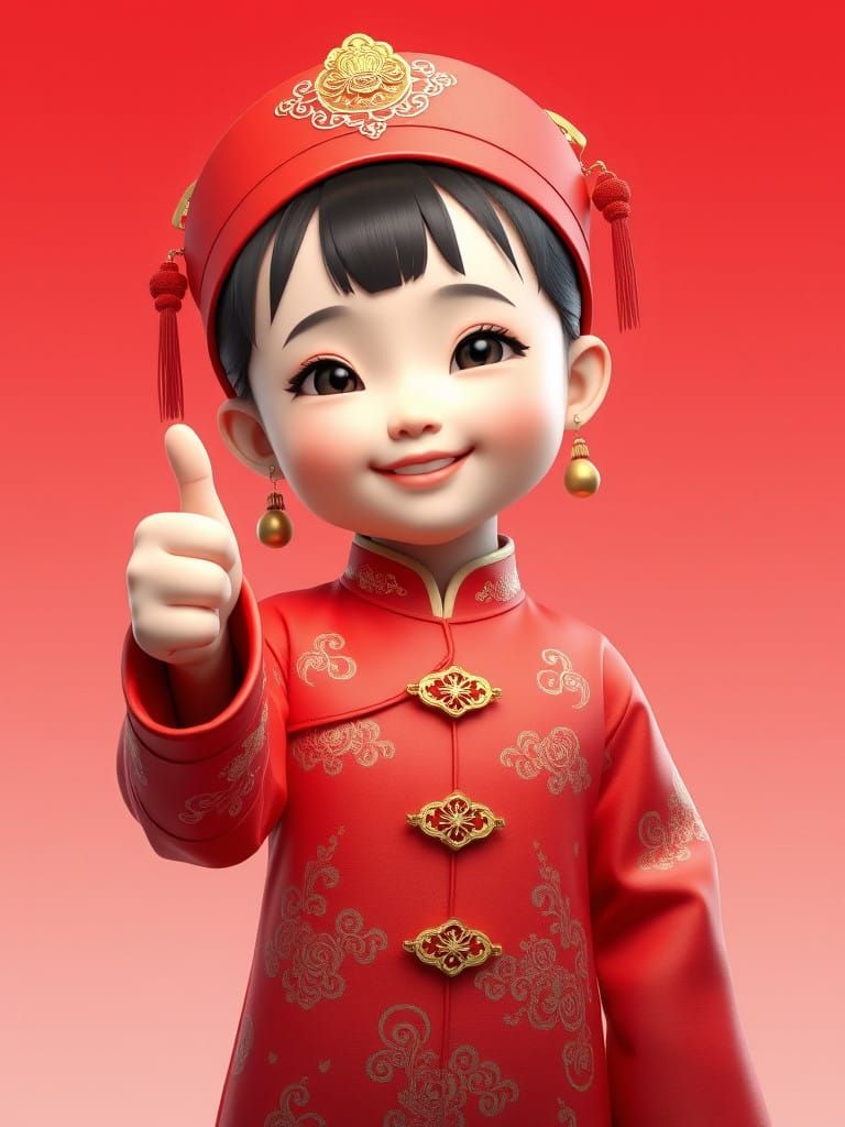 Vibrant 3D Pop Art Hanfu Girl with Thumbs Up