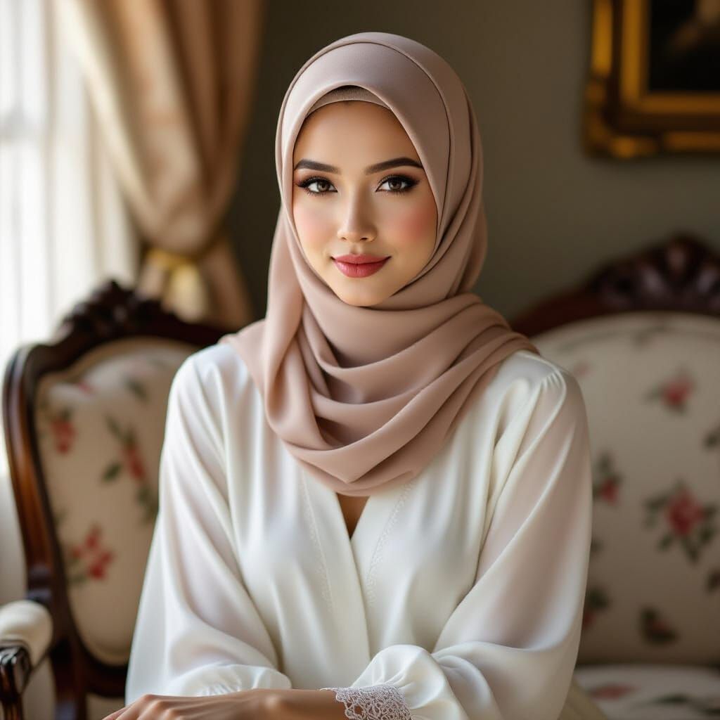 Elegant Malay Hijabi in Boudoir Setting, Refined Photography