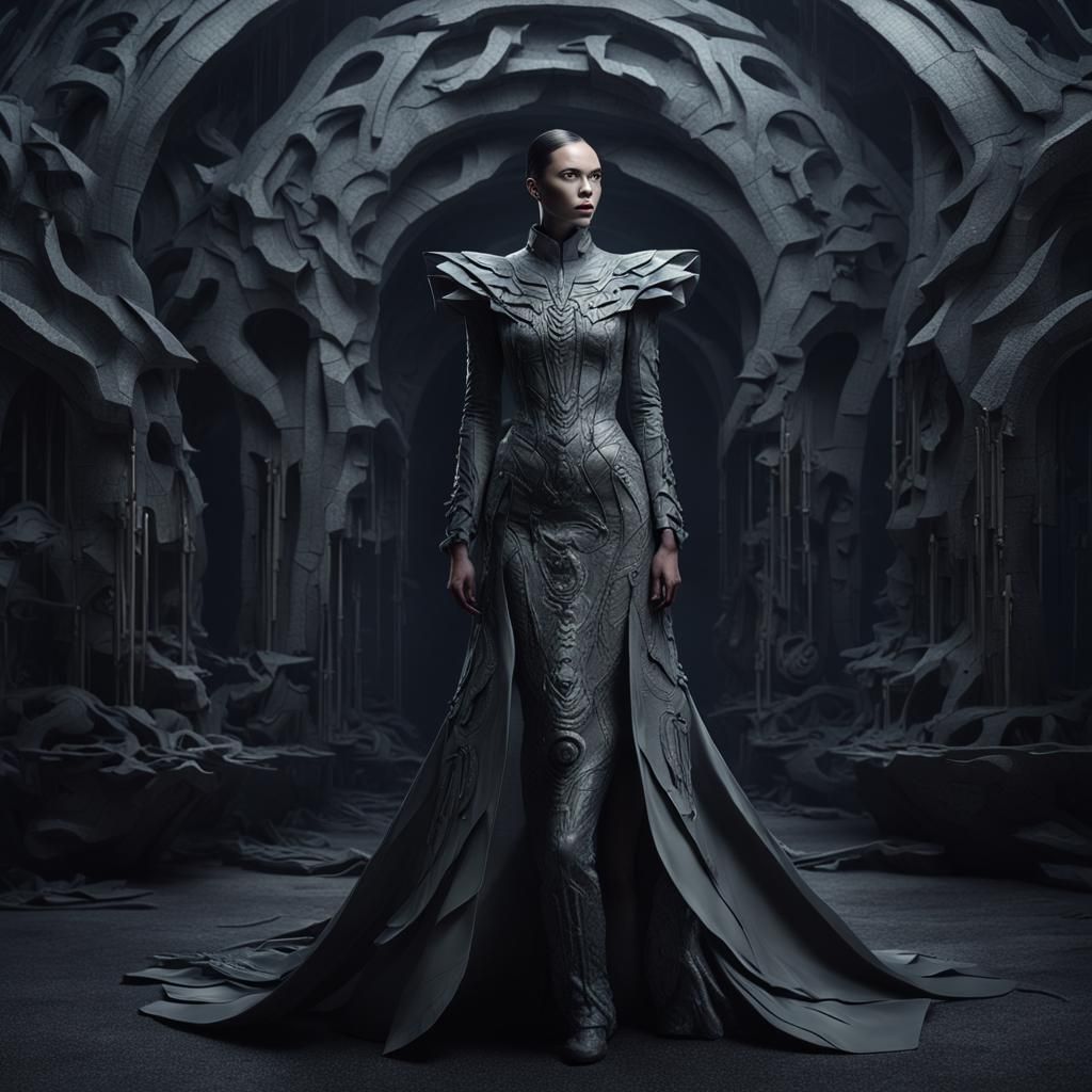 Dark Synth Model in Biomorphic Leather Dress