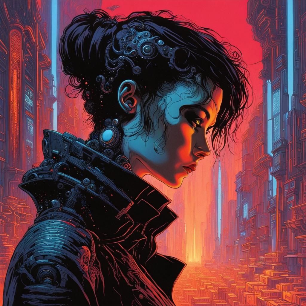 Cyberpunk Woman in Dark Gothic Sci-Fi City