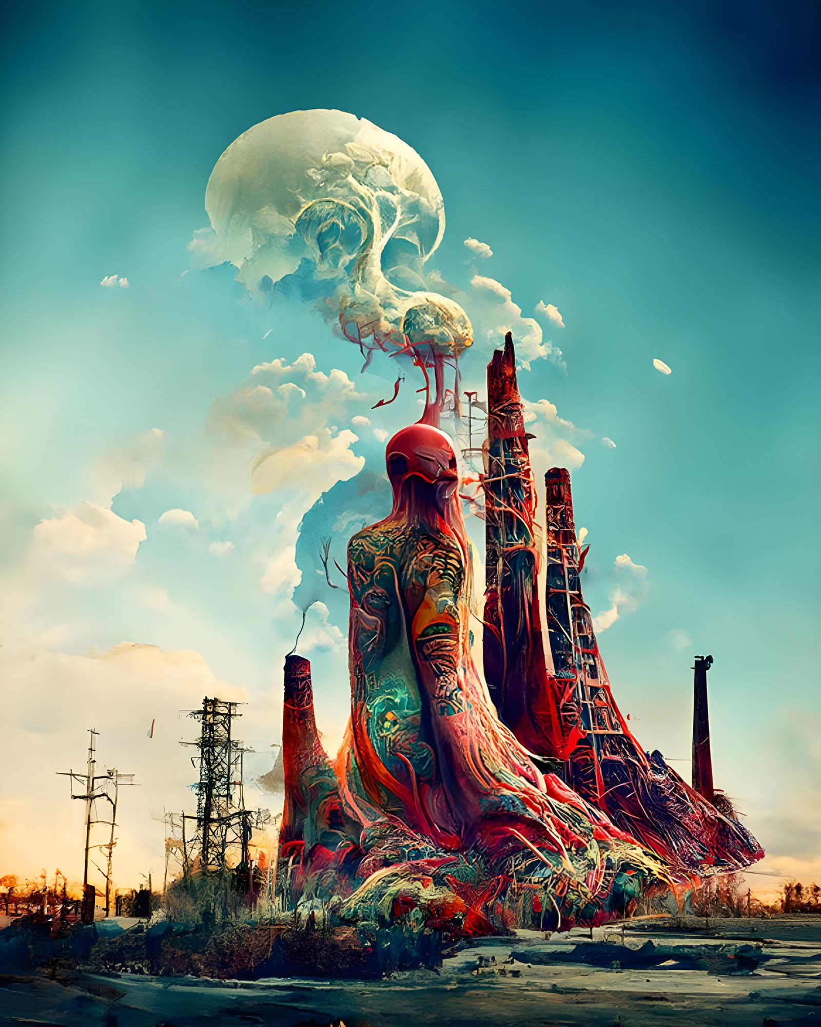 Surreal Nuclear Fantasy Landscape in Retro Style