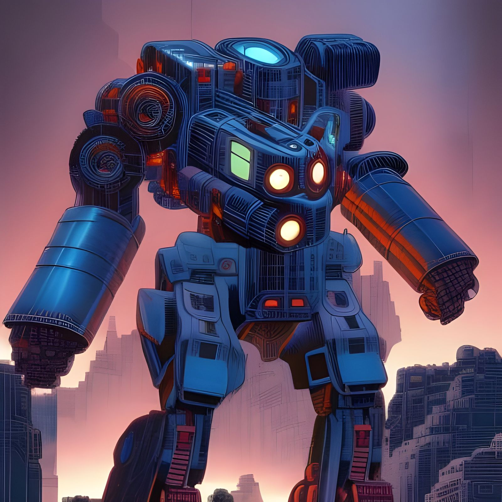 Giant Mech Robot Rampage in Comic Book Art Style