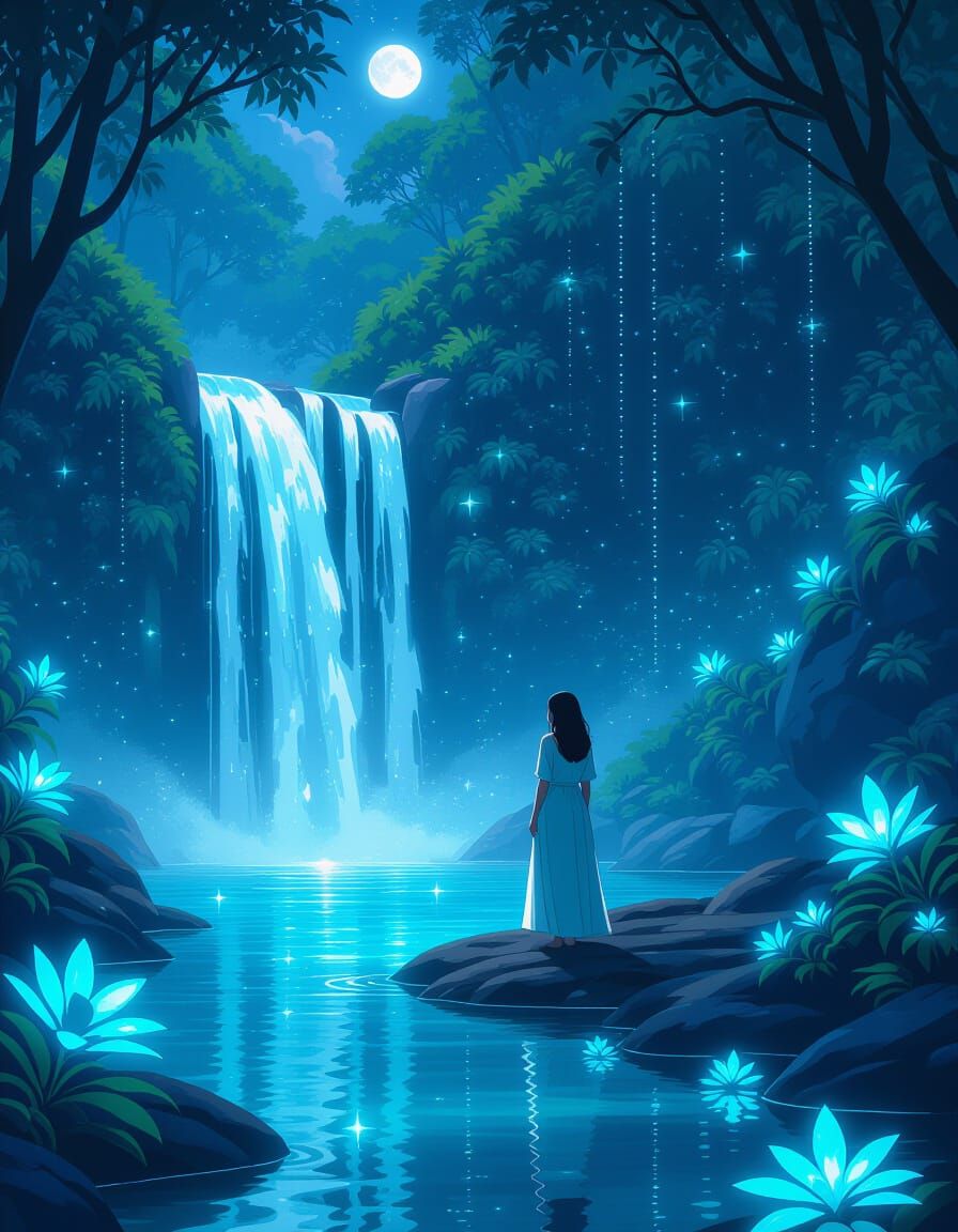 Hidden Waterfall with Bioluminescent Plants Under Moonlight