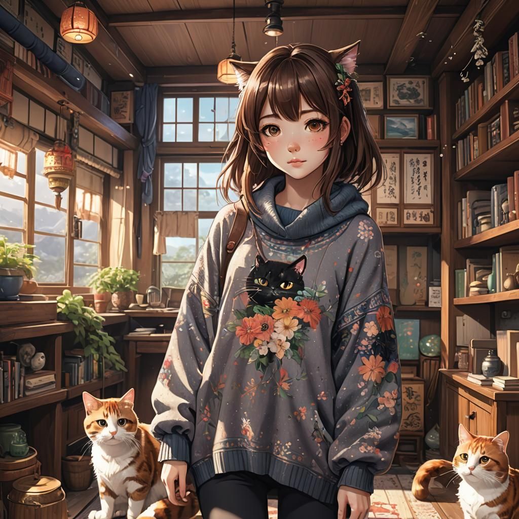 Anime Style Girl with Calico Cat in Room