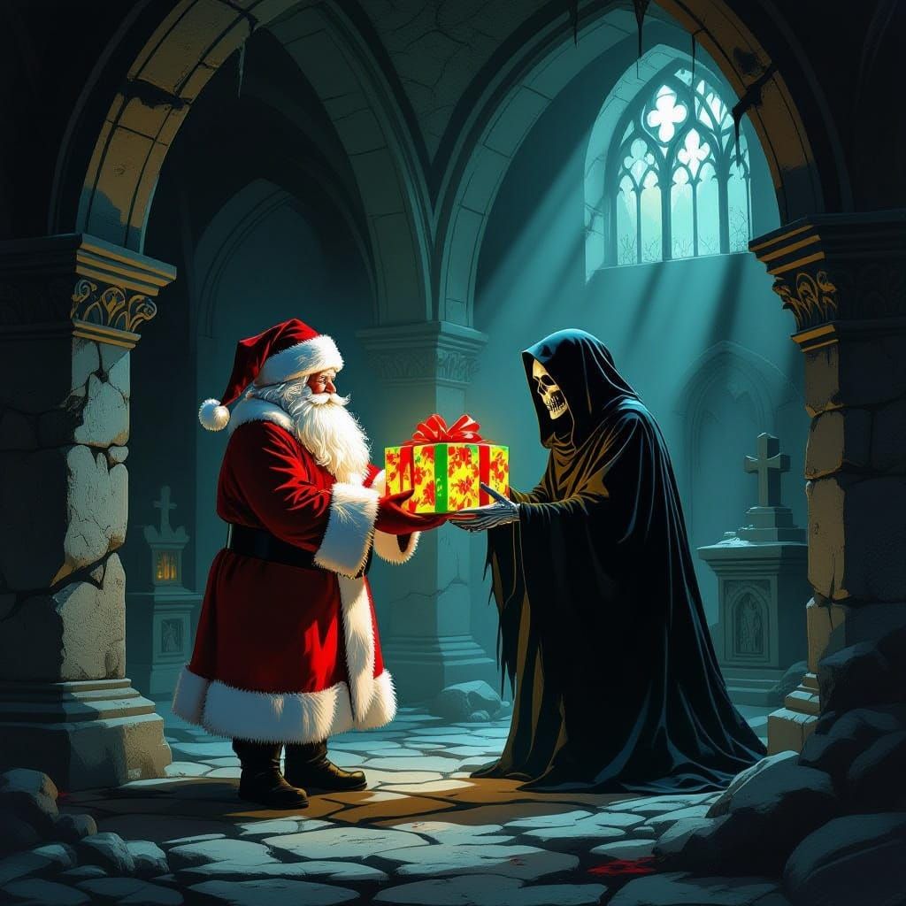 Santa Delivers Gift to Grim Reaper in Ancient Crypt