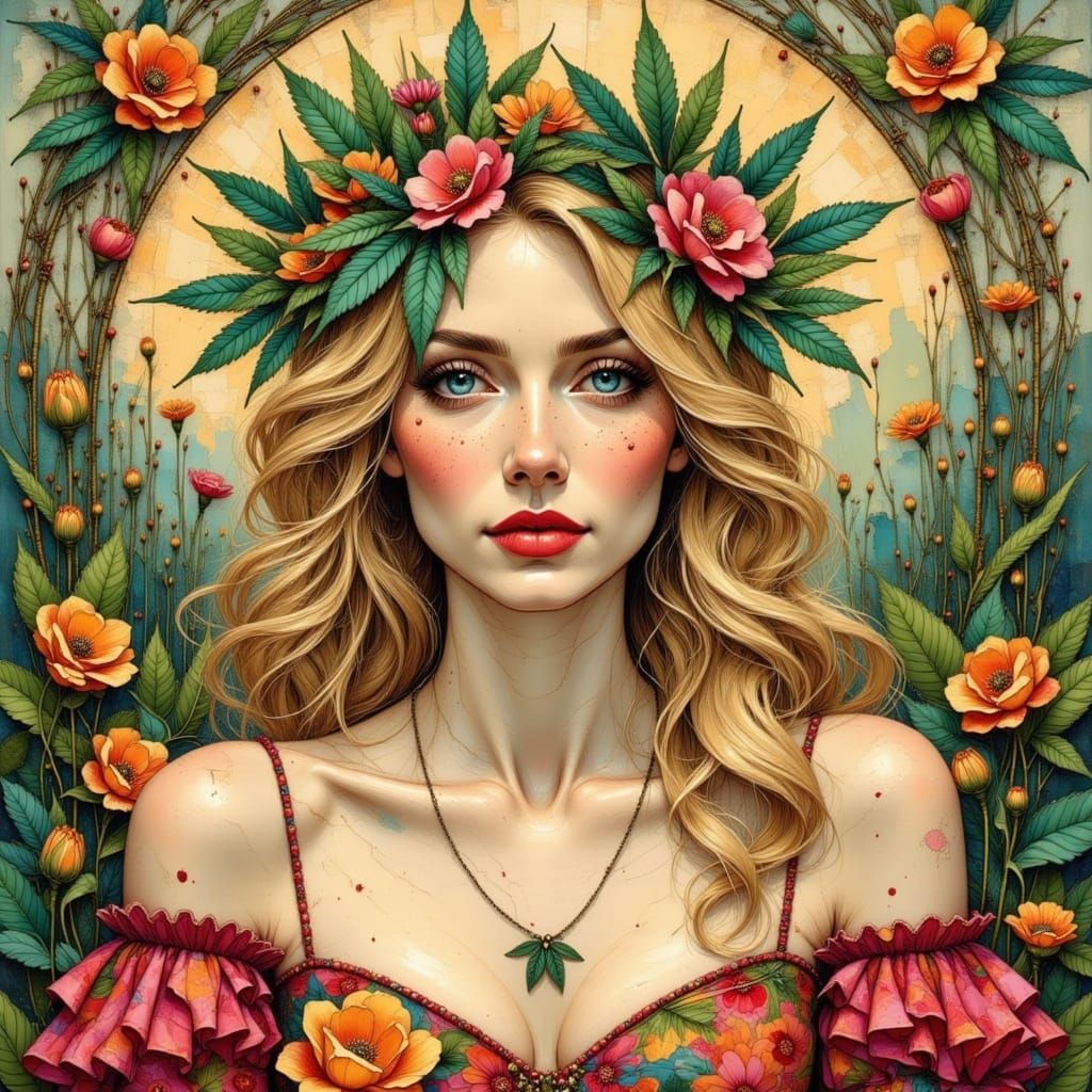 Blonde Woman with Cannabis Crown in Art Nouveau Style
