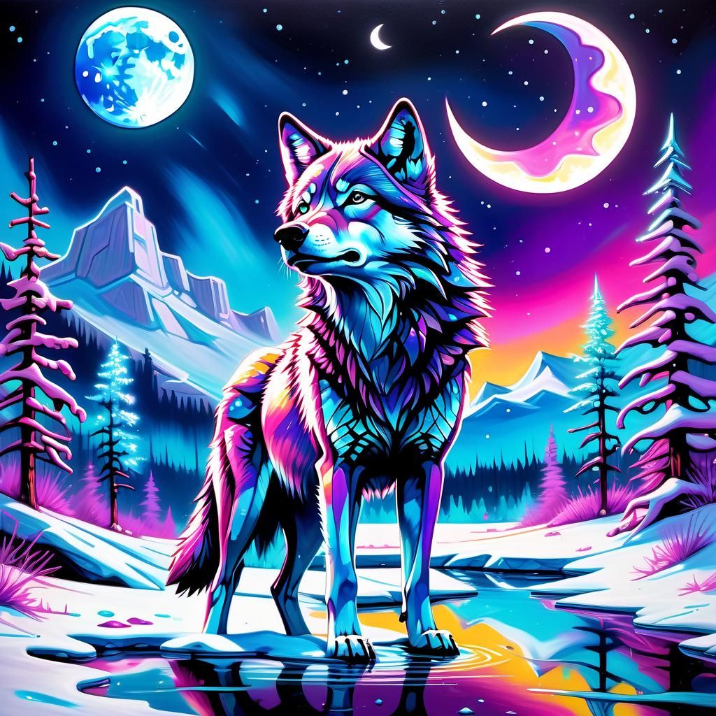 Baby Wolf Howls at Moon: Vibrant Street Art