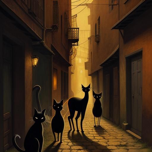 Surreal Cartoon Cats in Dimly Lit Alleyway