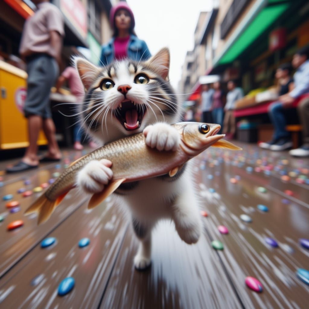 Cat Heist: Market Chase in Hyperreal Style