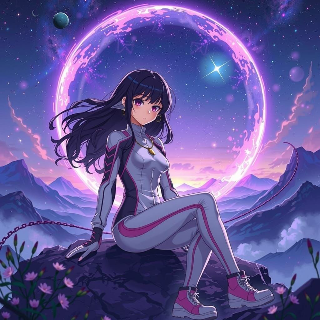 Anime Girl in Cosmic Landscape, Digital Art