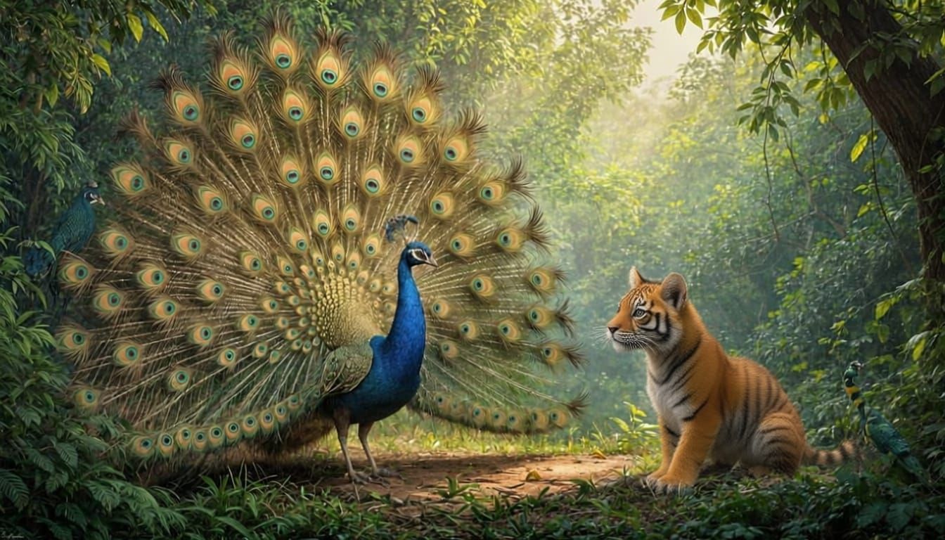 Peacock's Phantastic Feathers Mesmerize Tigress in Indian Ju...