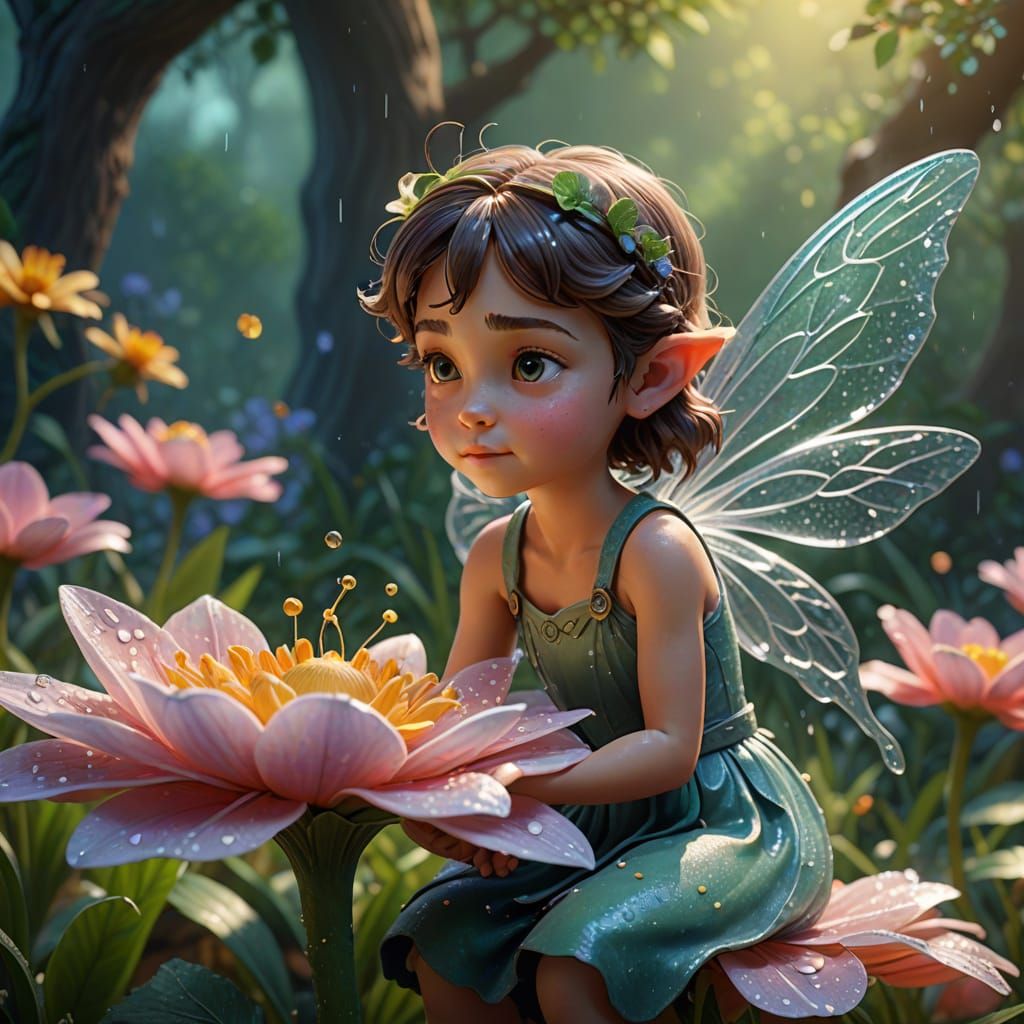 Tiny Fairy Wakes on Dew-Covered Petal in Soft Pastel Light