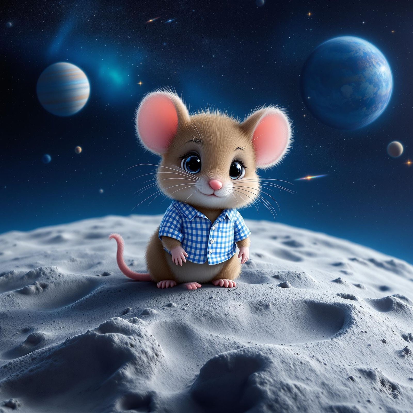 Chibi Mouse on the Moon in a Starry Night Sky