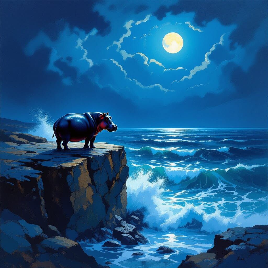 Hippopotamus on North African Cliff Overlooking Stormy Sea