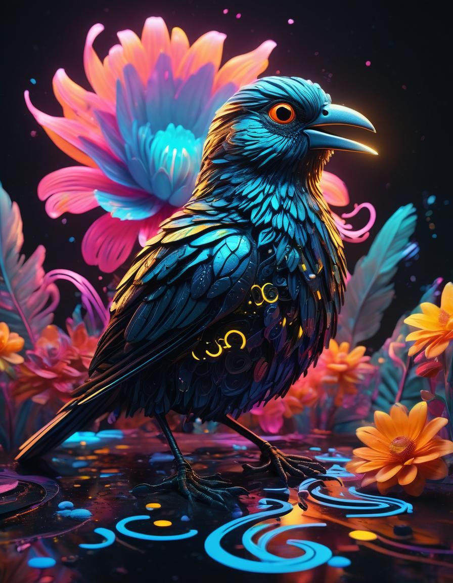 Neon Bird on Bioluminescent Flower: Splash Art