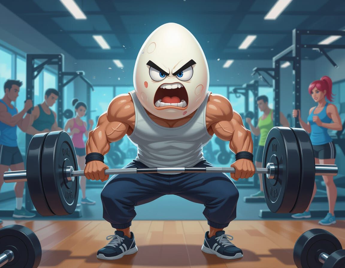 Angry Egg Lifts Weights in Futuristic Gym