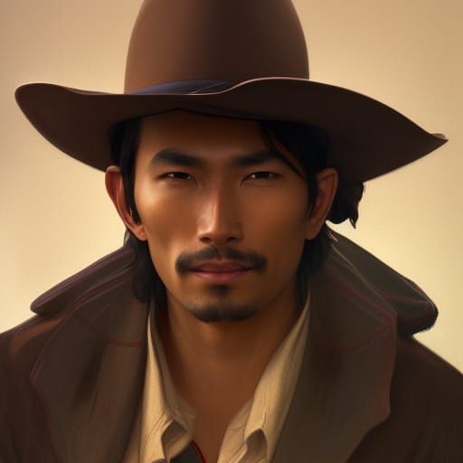 Happy Asian Cowboy Portrait in Hyperdetailed Style
