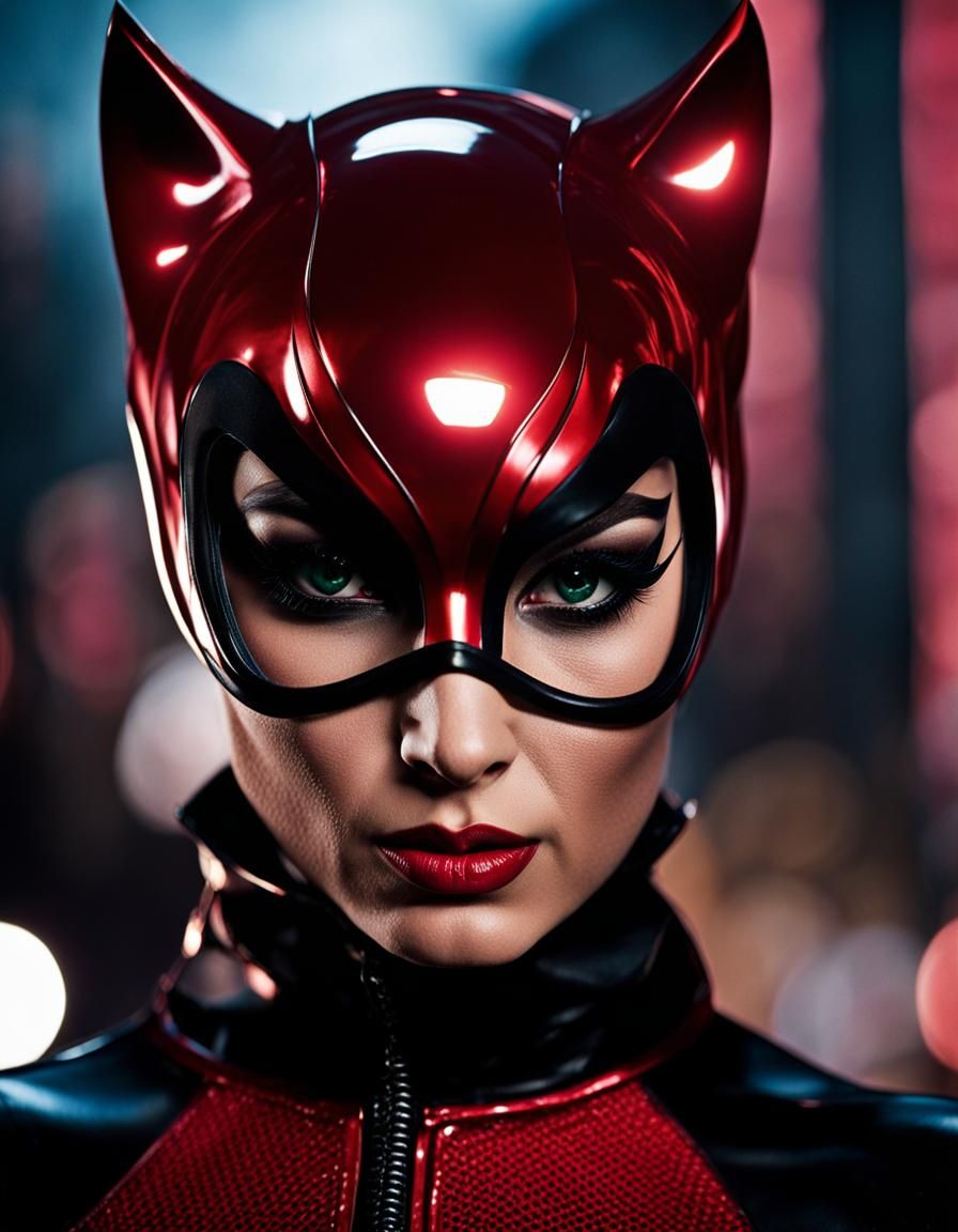 Catwoman in Red Latex: Cyberpunk Portrait
