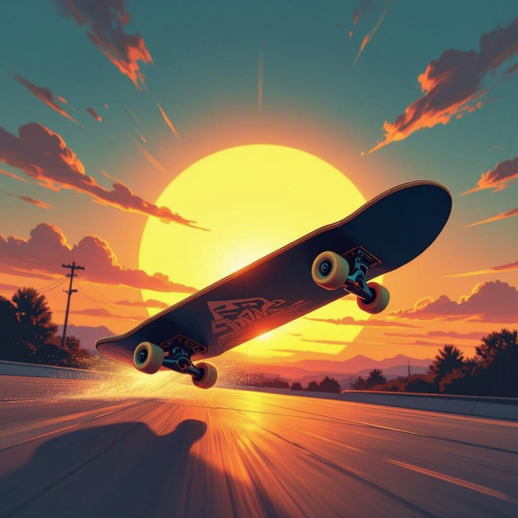 Skateboard Soaring at Sunset: Futuristic Digital Art