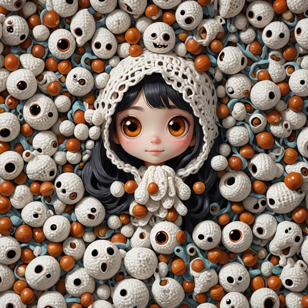 Funny Squirrel Crocheting Googly-Eyed Ghost in 3D Anime Art