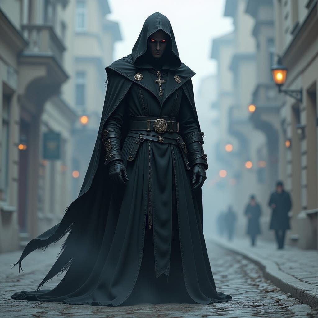 Menacing Man in Dark Fantasy Industrial Style