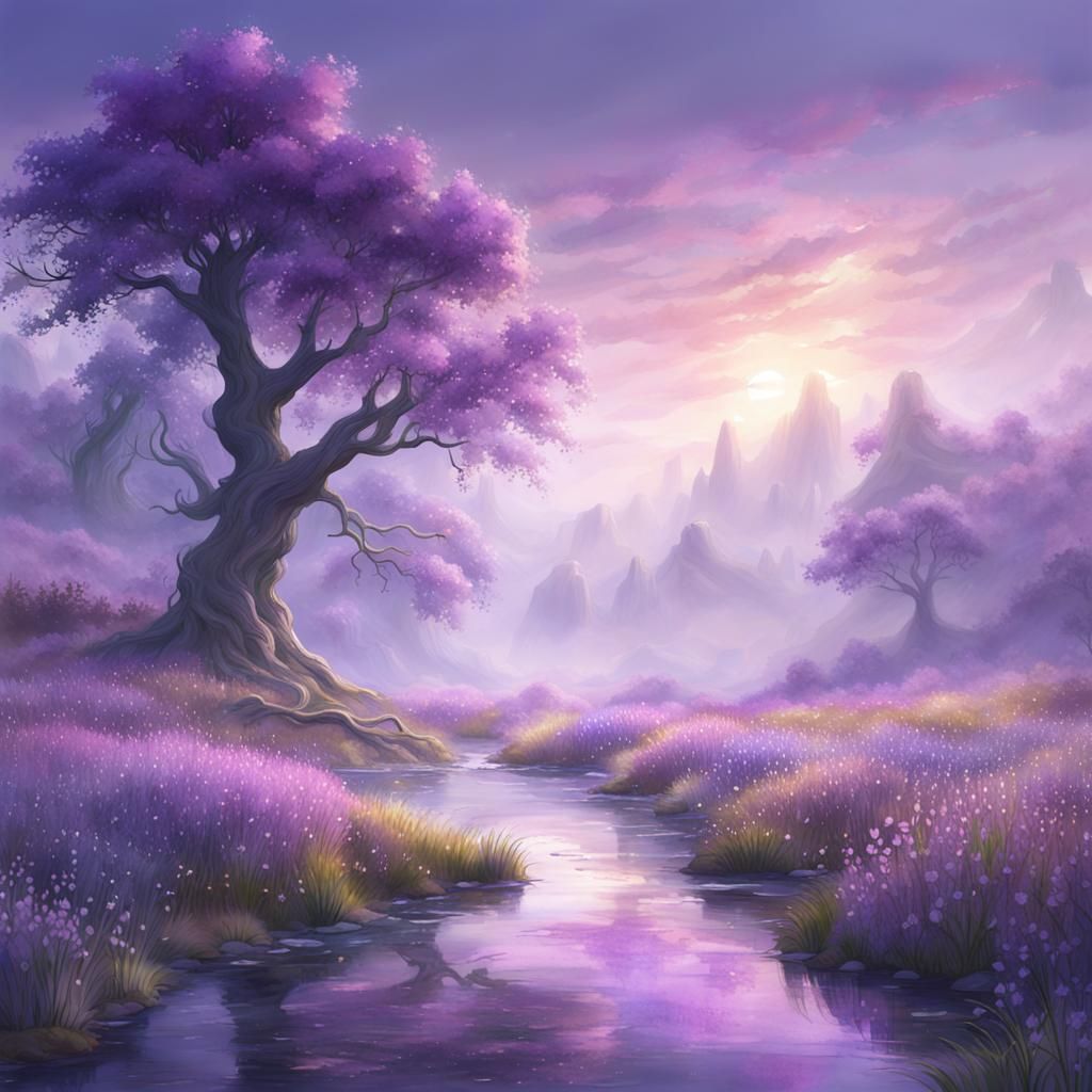 Dreamlike Violet Meadow in Watercolour Mist