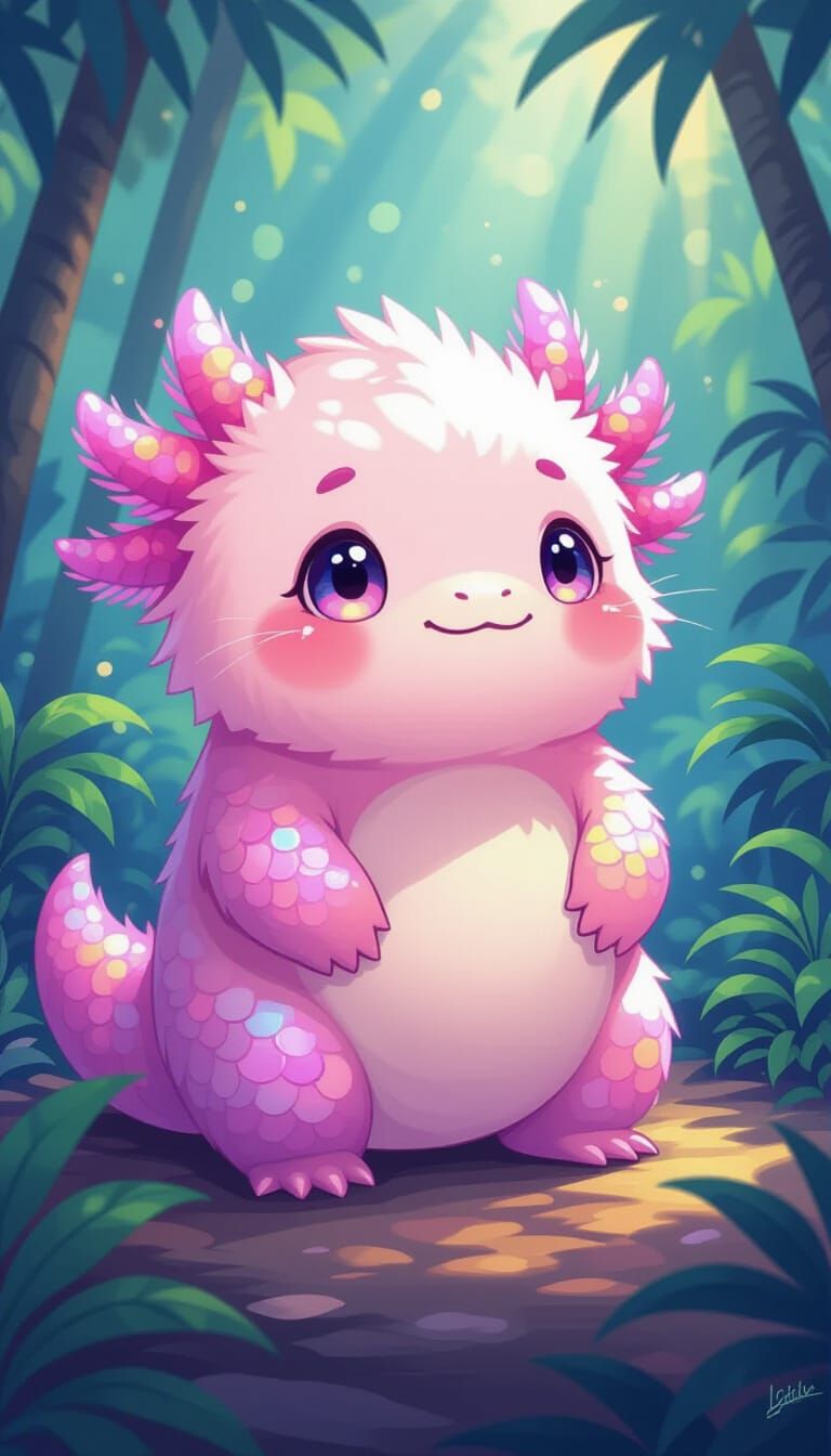 Pink Panda-Axolotl Creature in Hawaiian Dreamscape