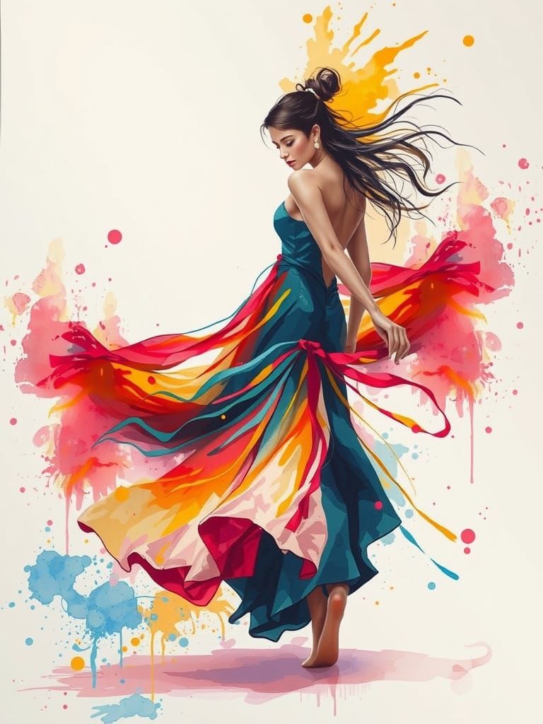 Woman Dancing in Flowing Dress: Modern Watercolor