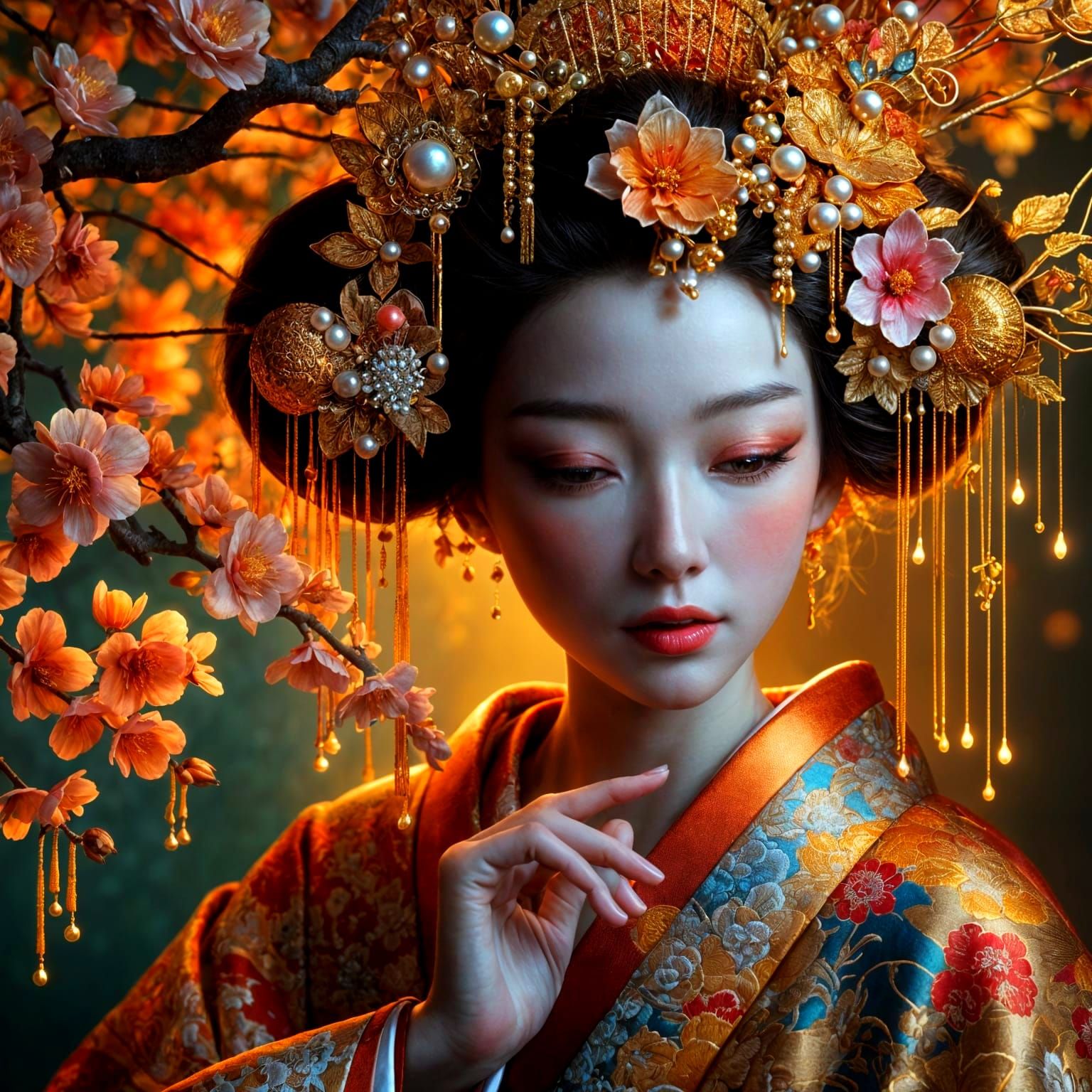 Geisha Contemplating Under Sakura Tree at Twilight