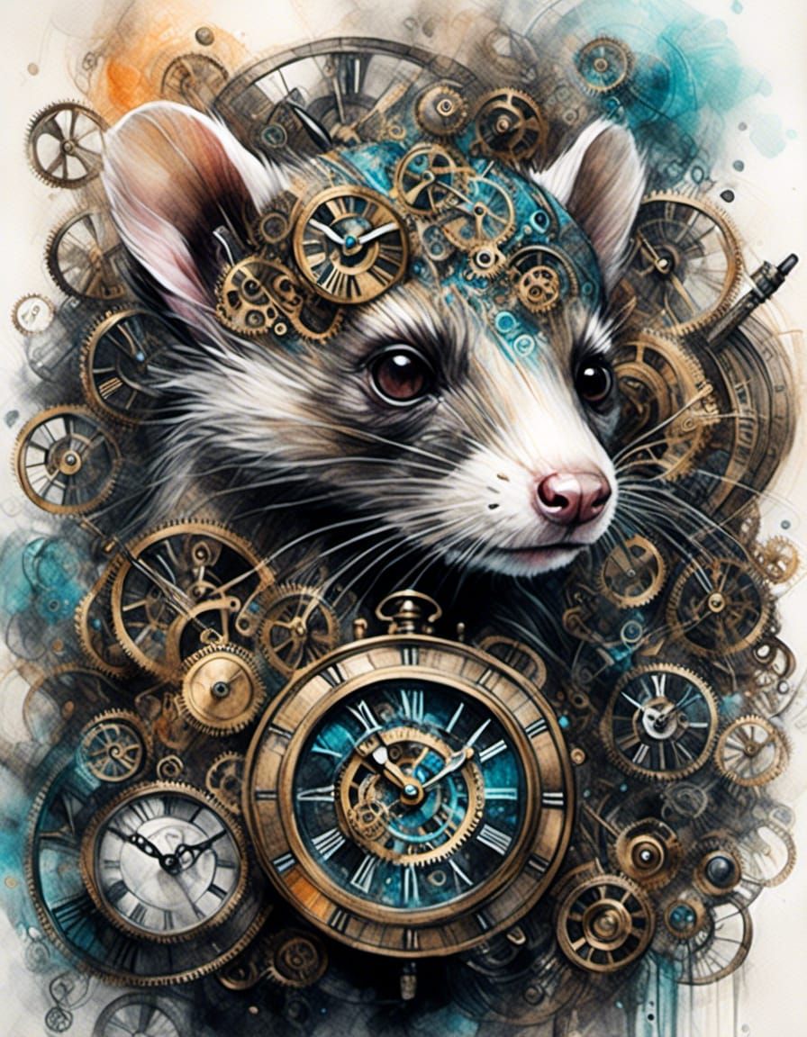 Clockwork Cyborg Ferret in Watercolor Style