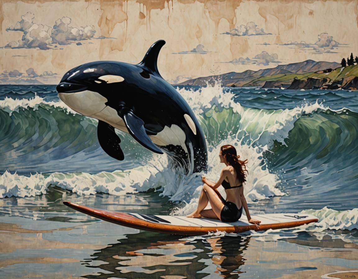 Orca Jumps Near Girl: Egon Schiele-Style Portrait