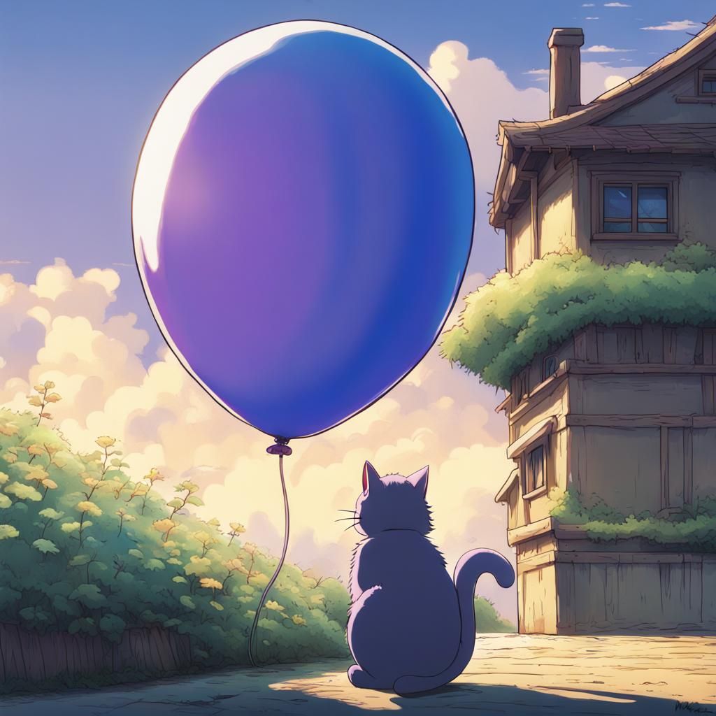 Blue Fur Cat With Balloon Tail in Anime Style