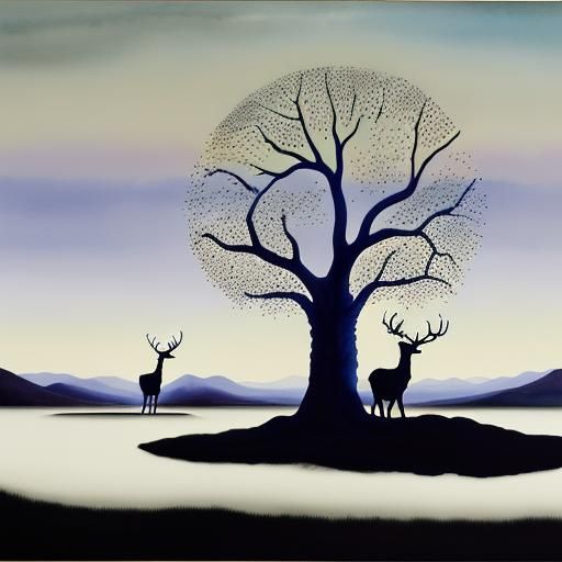 Surreal Dark Watercolour Stags Near Last Tree
