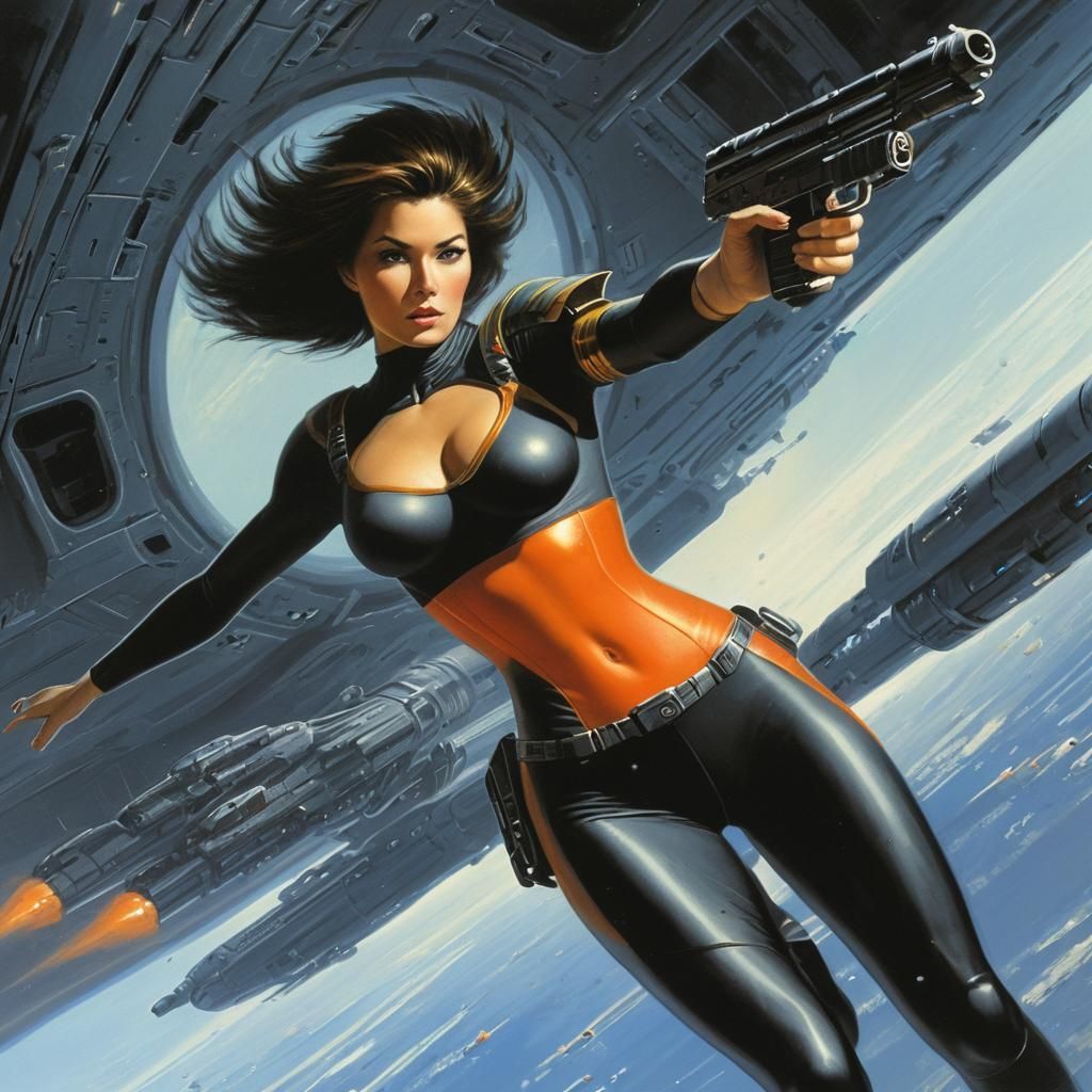 Spandex Woman in Spaceship Interior Art