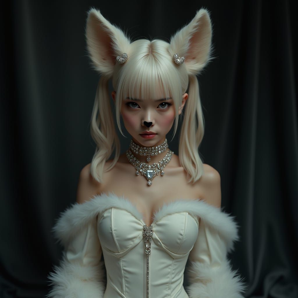 Sultry Noir Goddess in Fox Ears and Fur Gown
