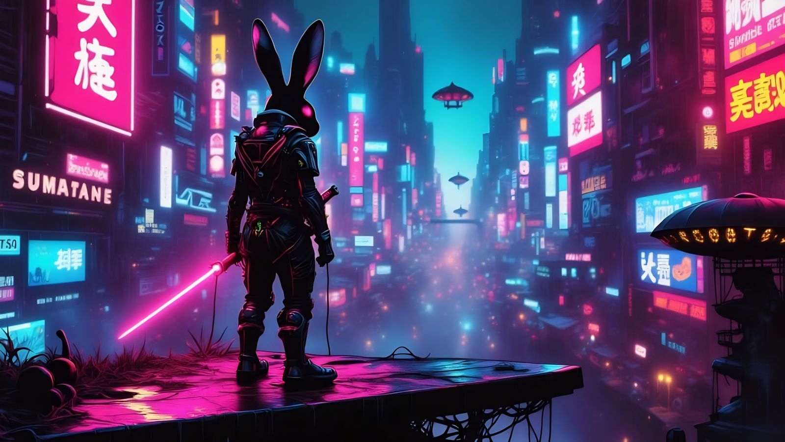 Cyberpunk Bunny Warrior in Neon Metropolis