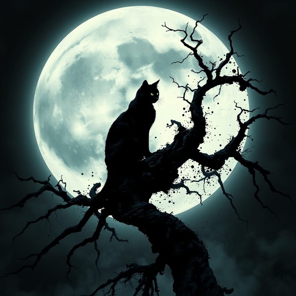 Cat and Moon in Surreal Ink Splatter Art