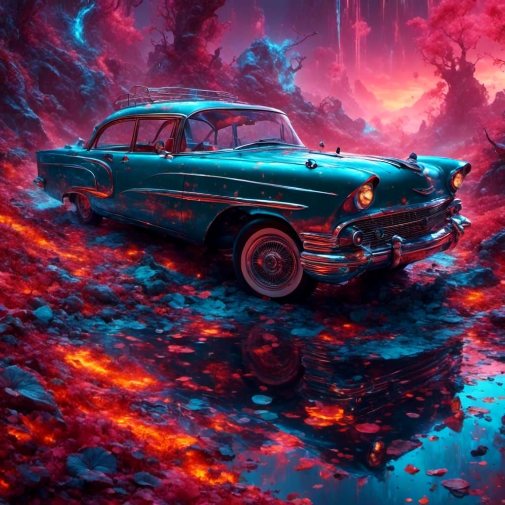 1960s Cars and Music in Hyperrealistic Splash Art