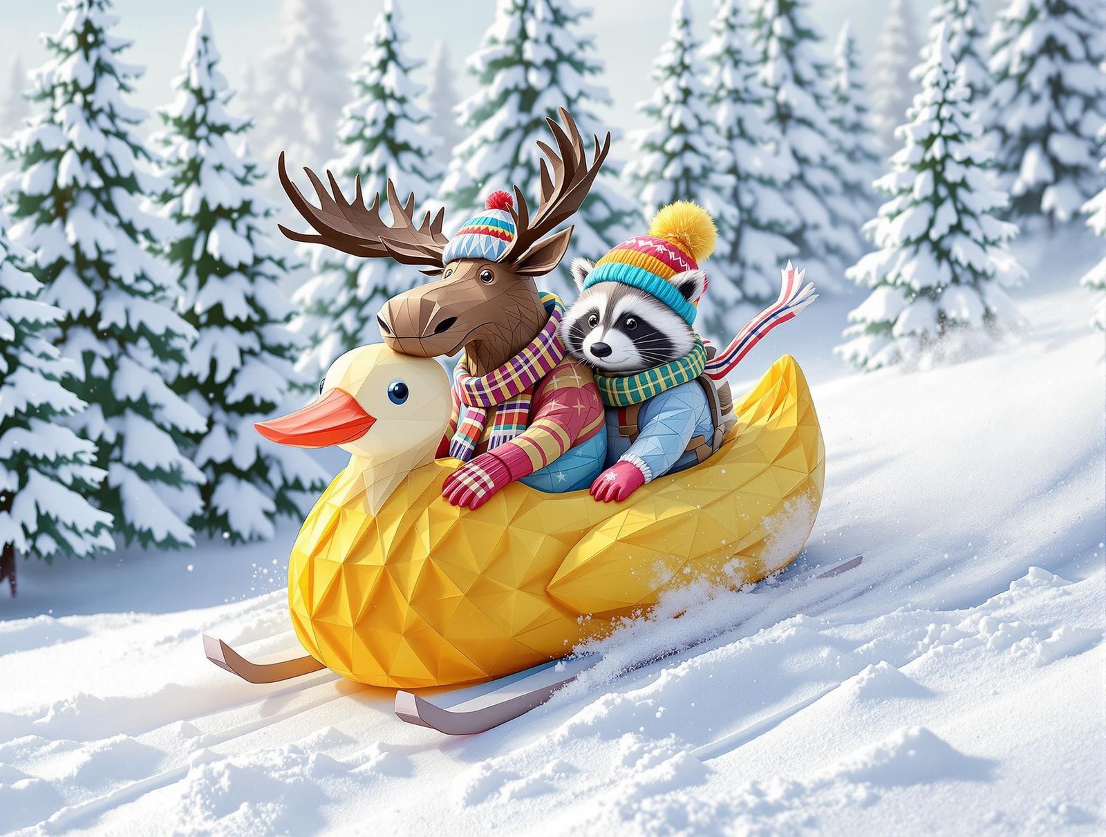 Moose and Raccoon Sledding in Origami Style