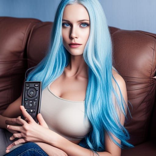 Smiling Blue-Haired Woman with Remote Control