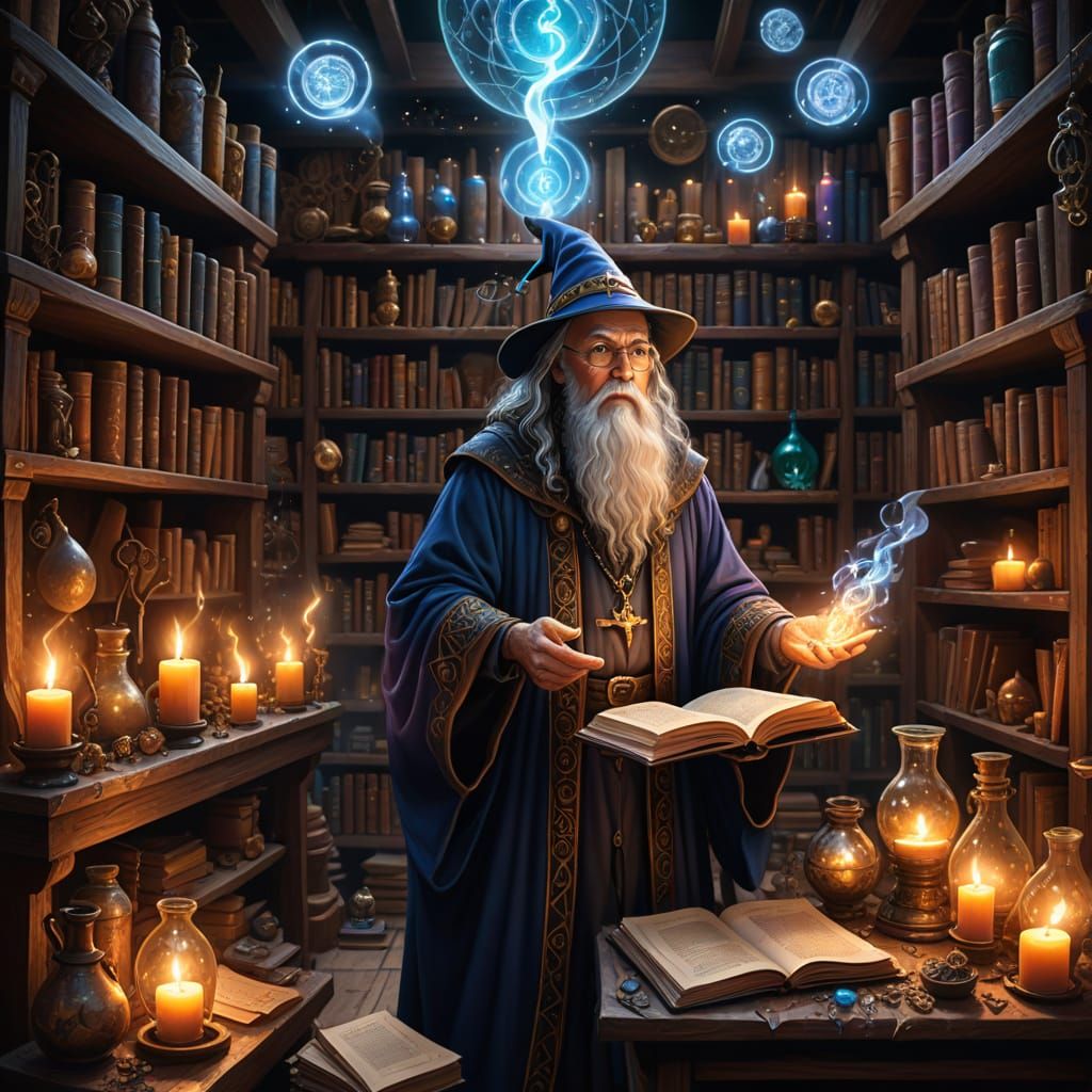 Enchanted Wizard's Sanctum in Whimsical Cosmic Style